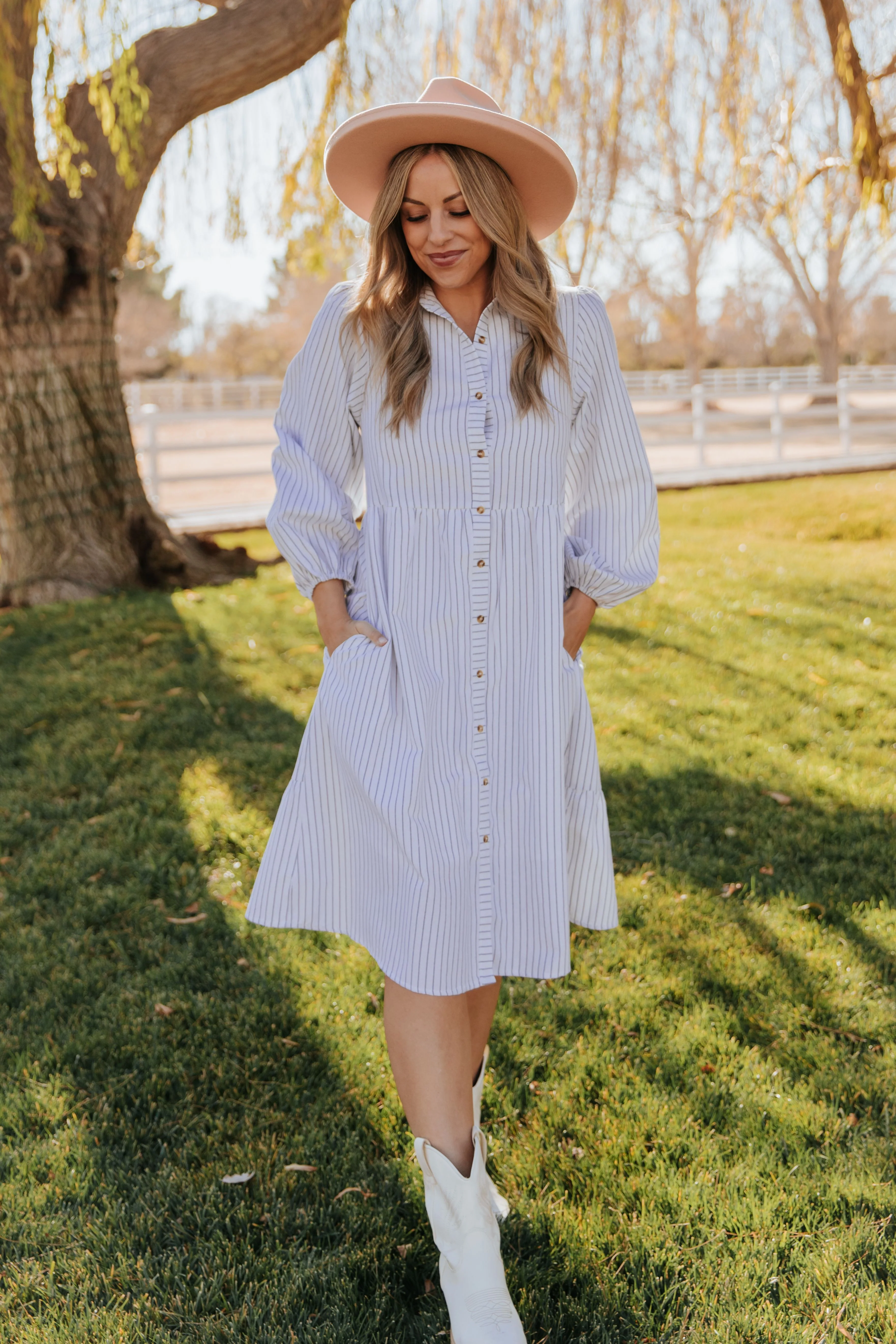 THE TASSA STRIPED BUTTON UP MIDI DRESS IN WHITE - Payfeveri