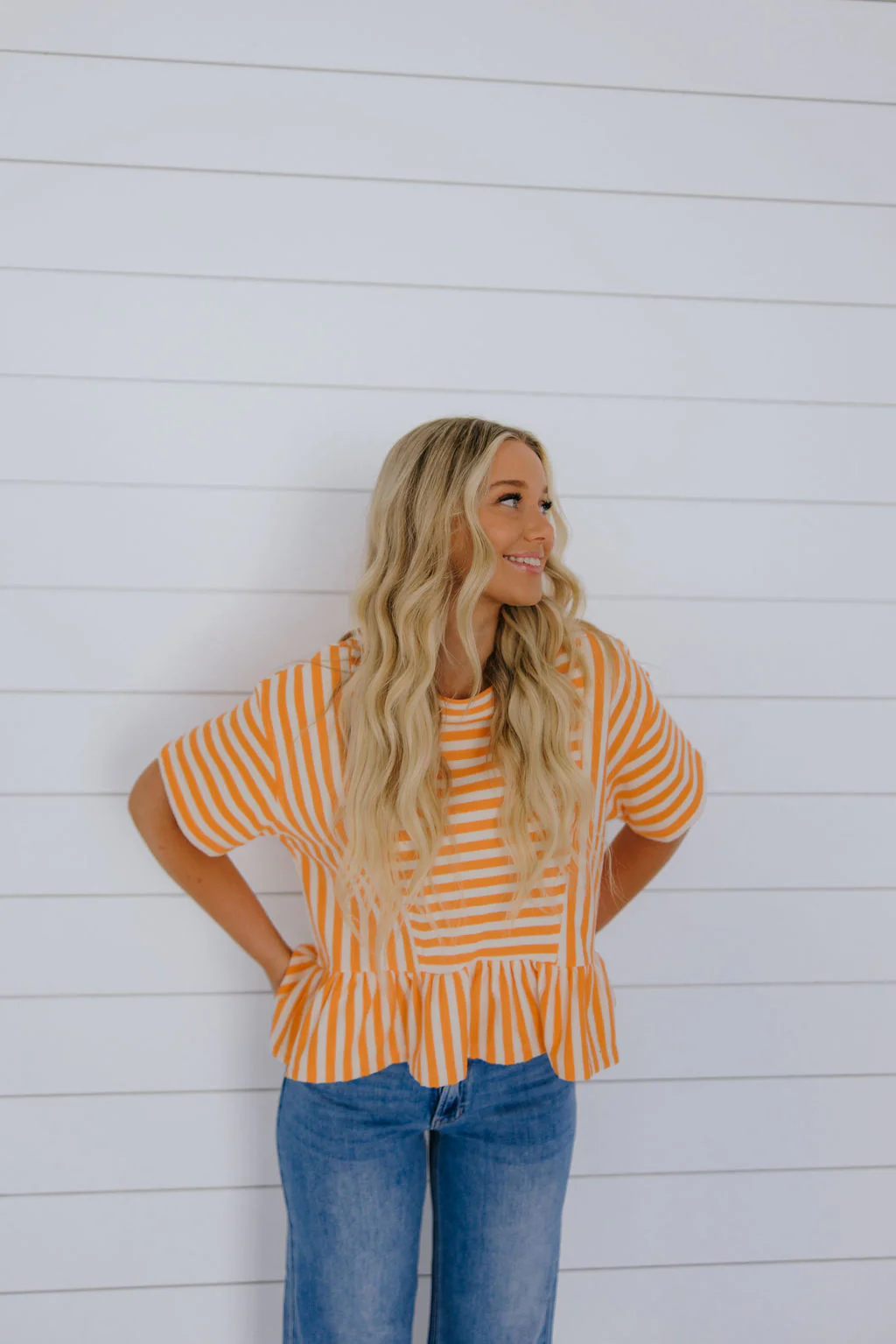 THE FRENCHIE STRIPE TERRY TOP IN TANGERINE - Payfeveri