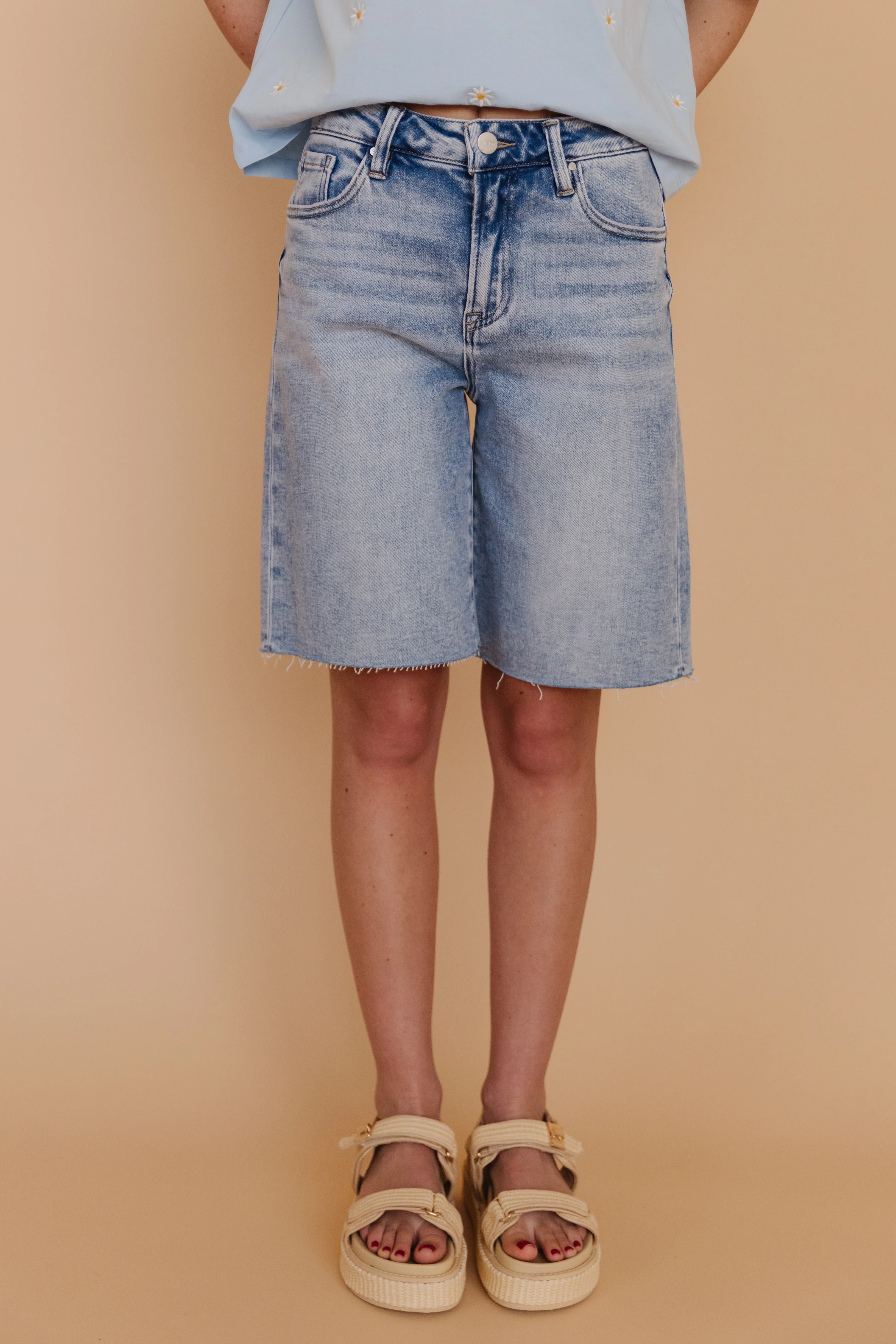 THE KHLOE HIGH RISE BERMUDA SHORTS IN MEDIUM DENIM - Payfeveri