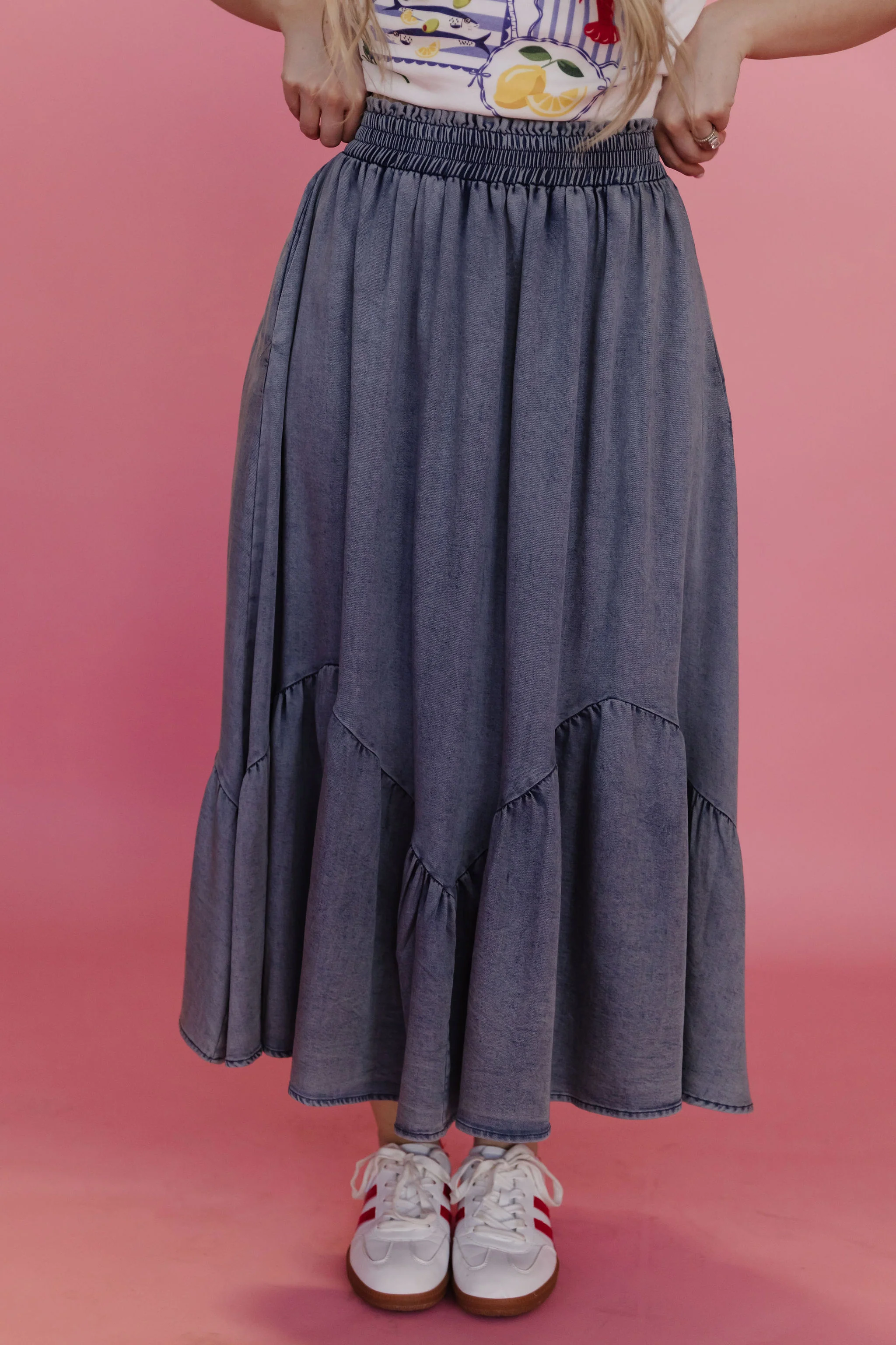 THE TASHA RUFFLE MIDI SKIRT IN DENIM - Payfeveri