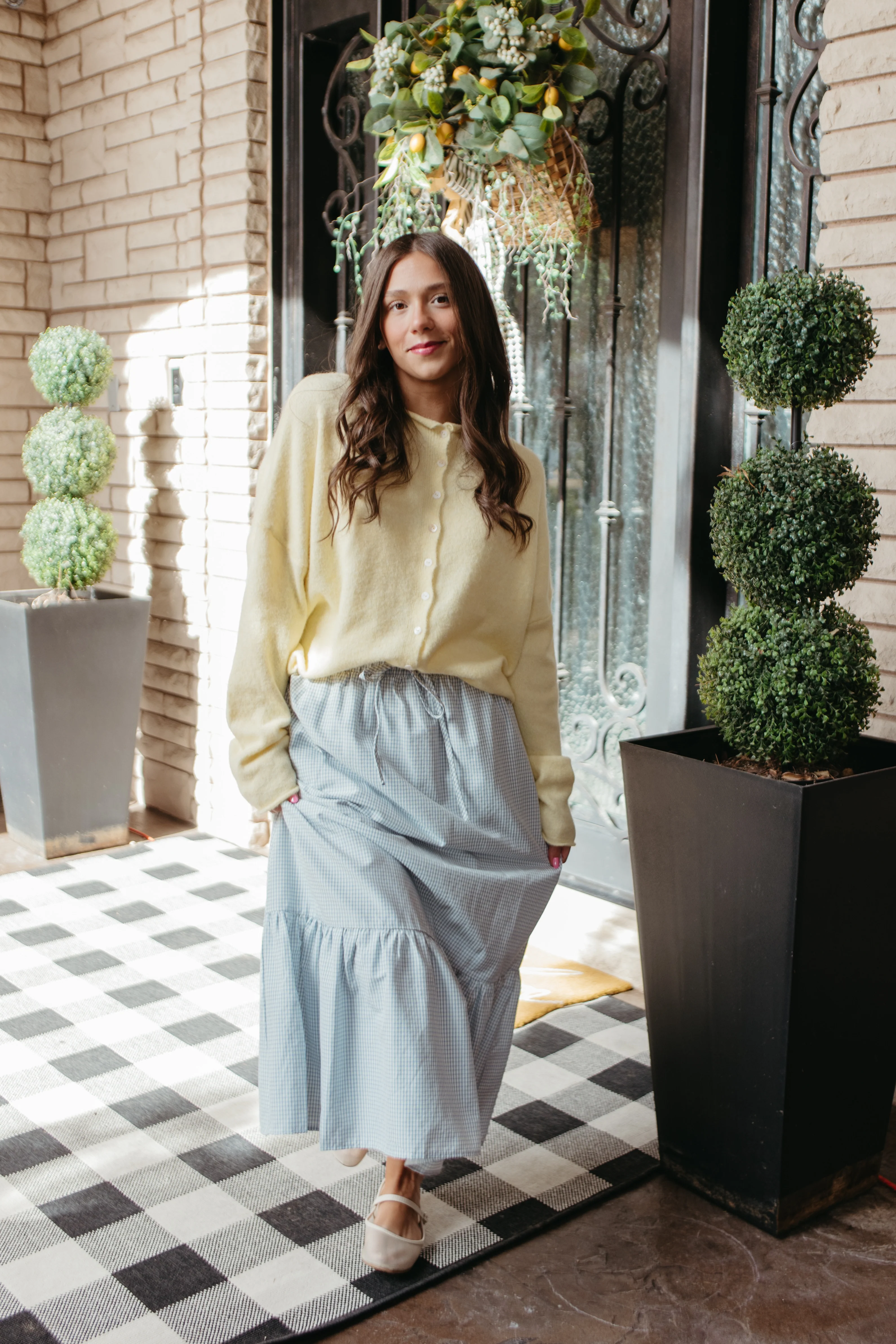 THE BREA GINGHAM MIDI SKIRT IN LIGHT BLUE - Payfeveri