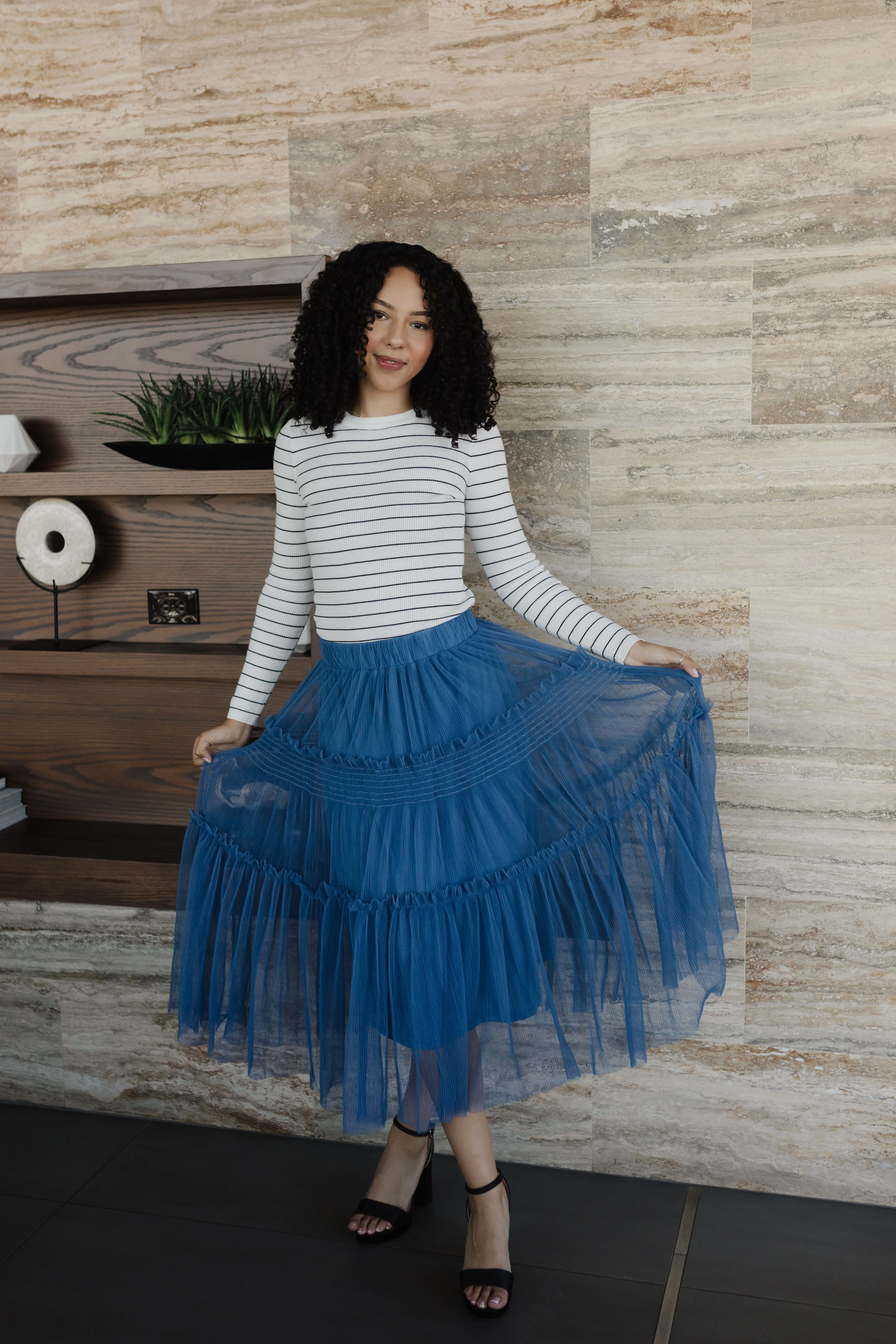 THE MILLIE TULLE TIERED MIDI SKIRT IN ROYAL BLUE - Payfeveri