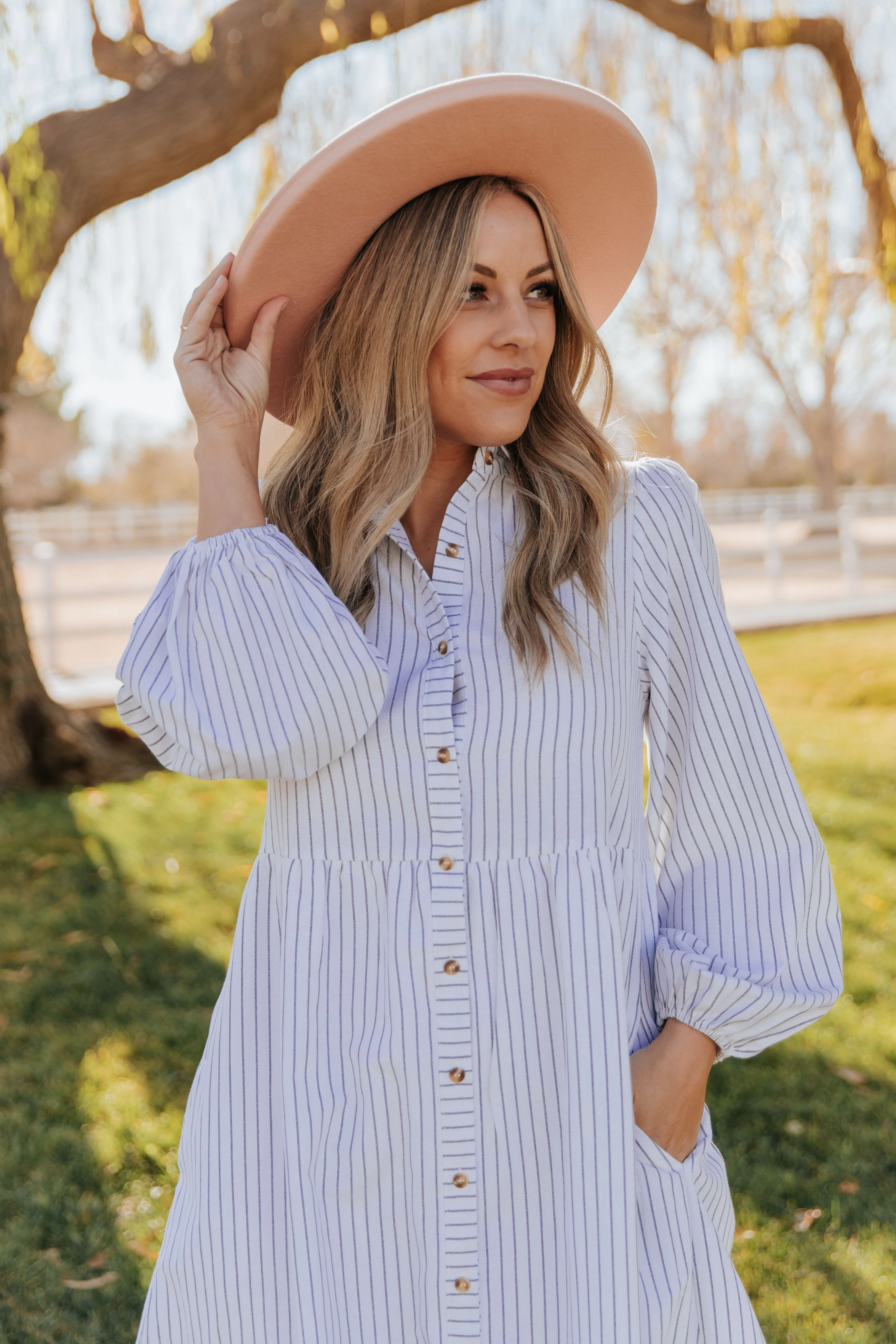 THE TASSA STRIPED BUTTON UP MIDI DRESS IN WHITE - Payfeveri