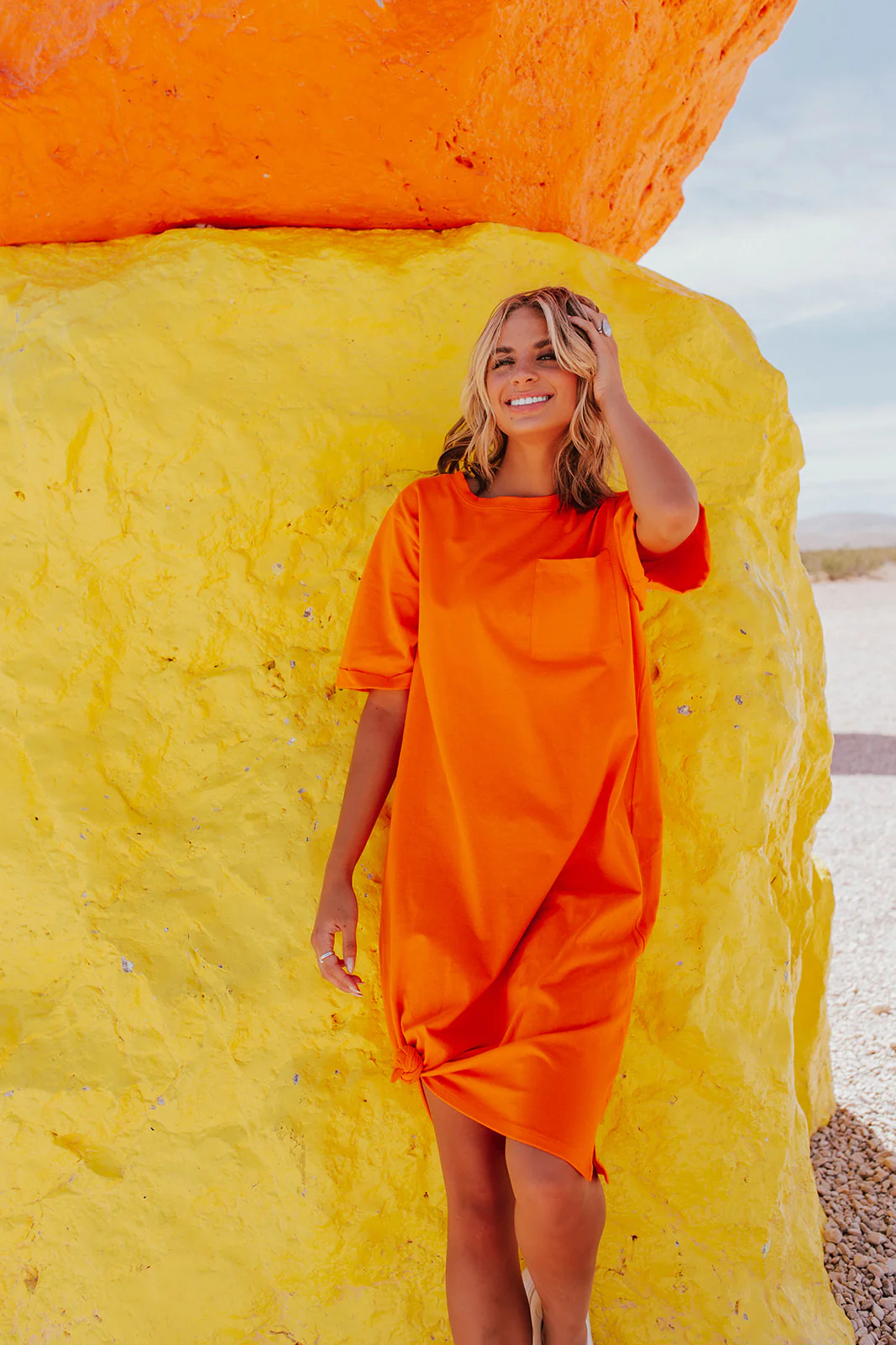 THE EASY DOES IT POCKET T-SHIRT DRESS BY PINK DESERT IN ORANGE - Payfeveri