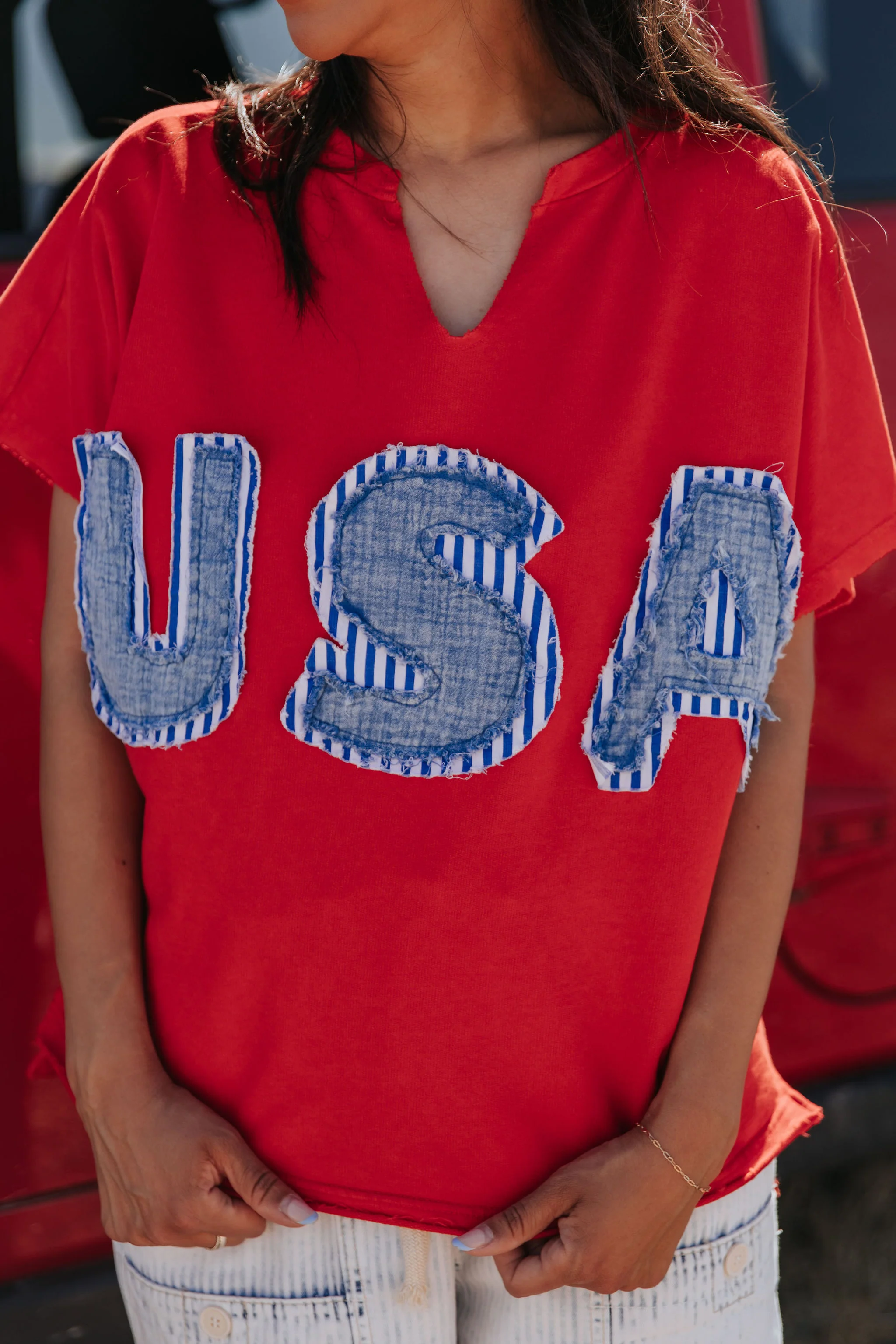 THE LIBERTY USA PATCHWORK TOP IN WASHED RED - Payfeveri