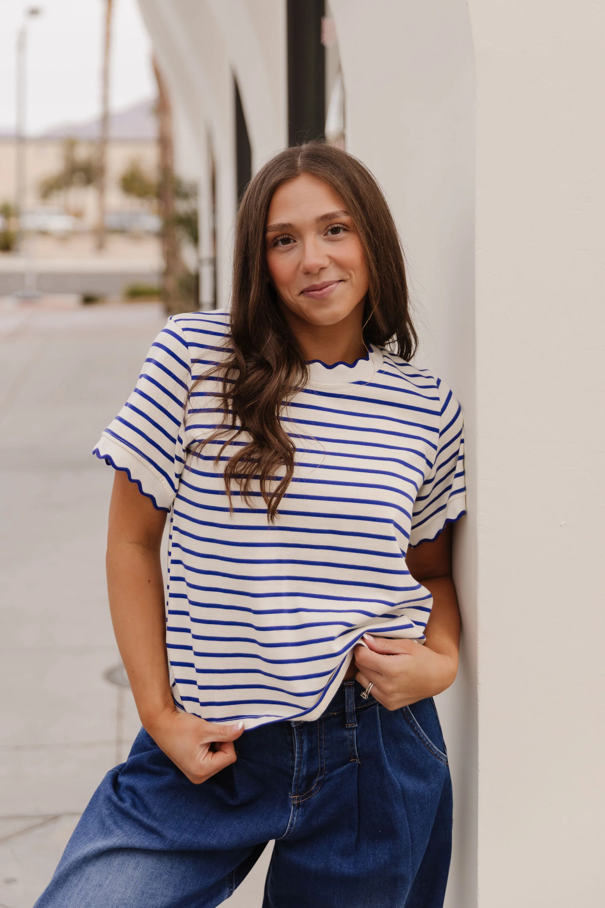 THE RORY SCALLOPED STRIPE TOP IN BLUE - Payfeveri