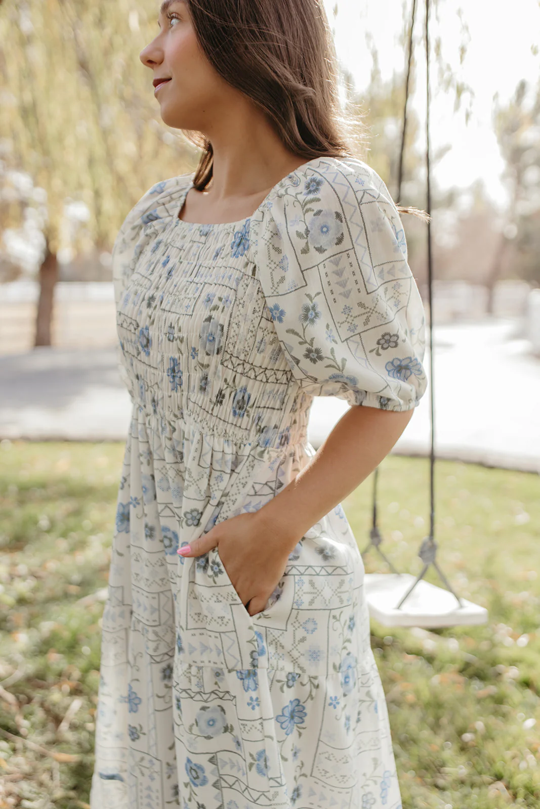 THE LUNA FLORAL SMOCKED DRESS IN BLUE - Payfeveri