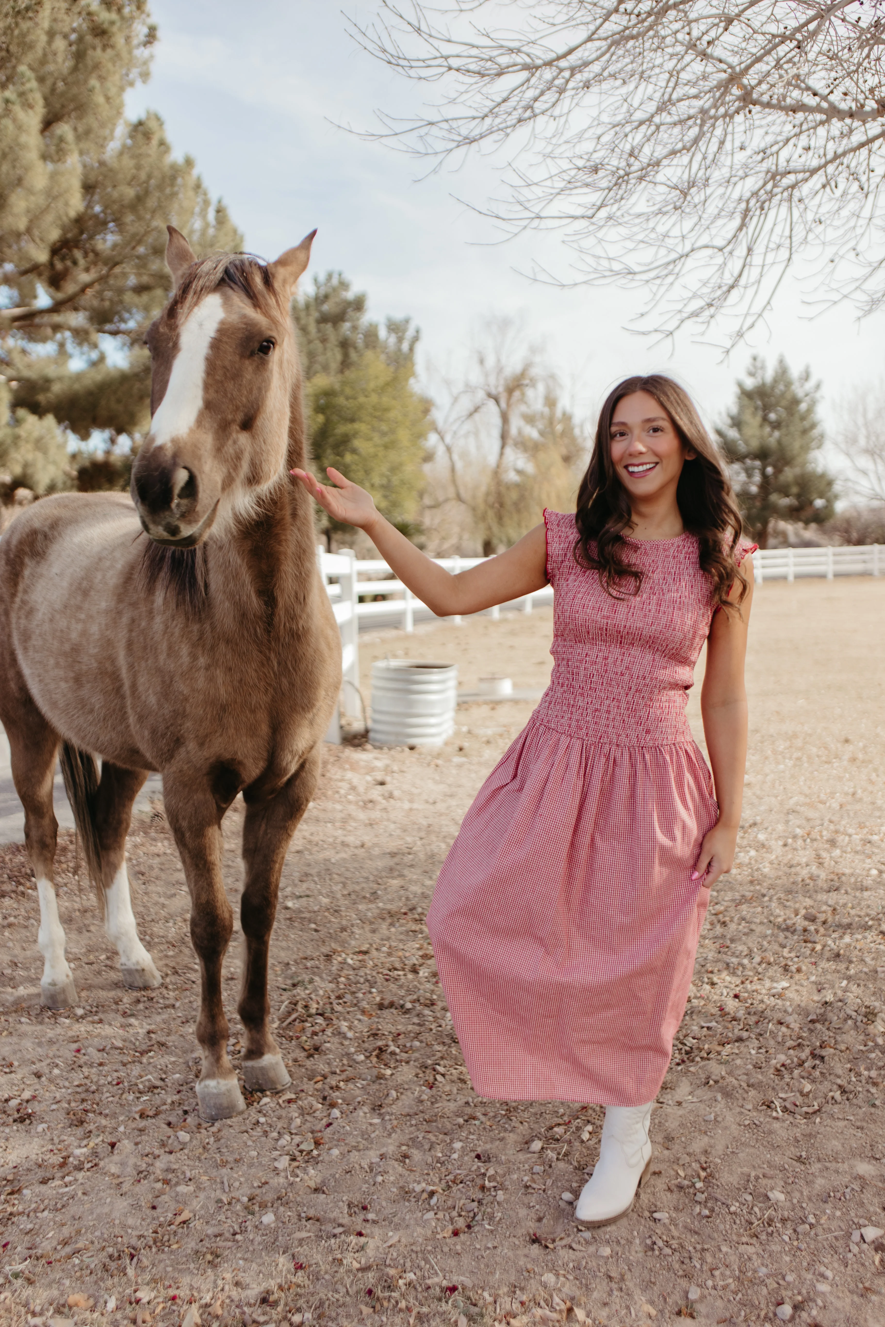 THE BLAIRE SMOCKED GINGHAM MIDI DRESS IN RED - Payfeveri