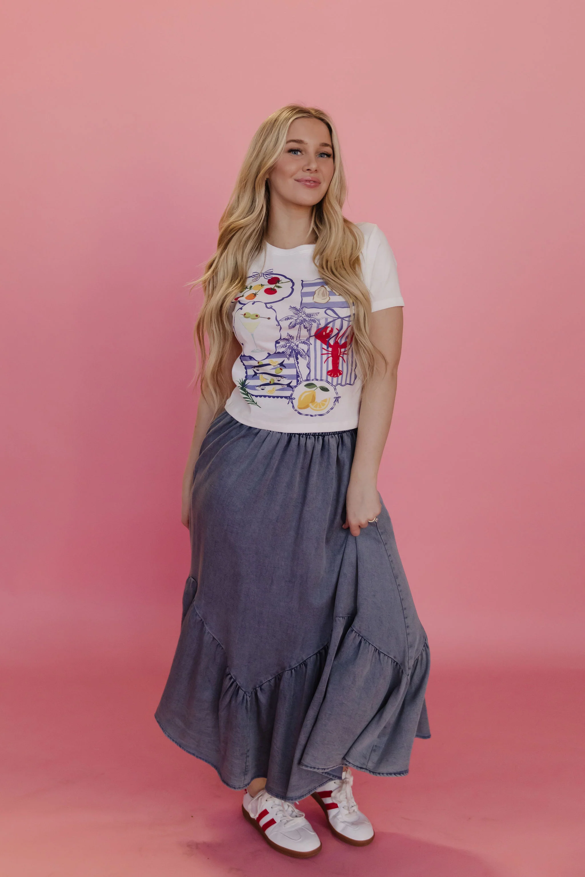 THE TASHA RUFFLE MIDI SKIRT IN DENIM - Payfeveri