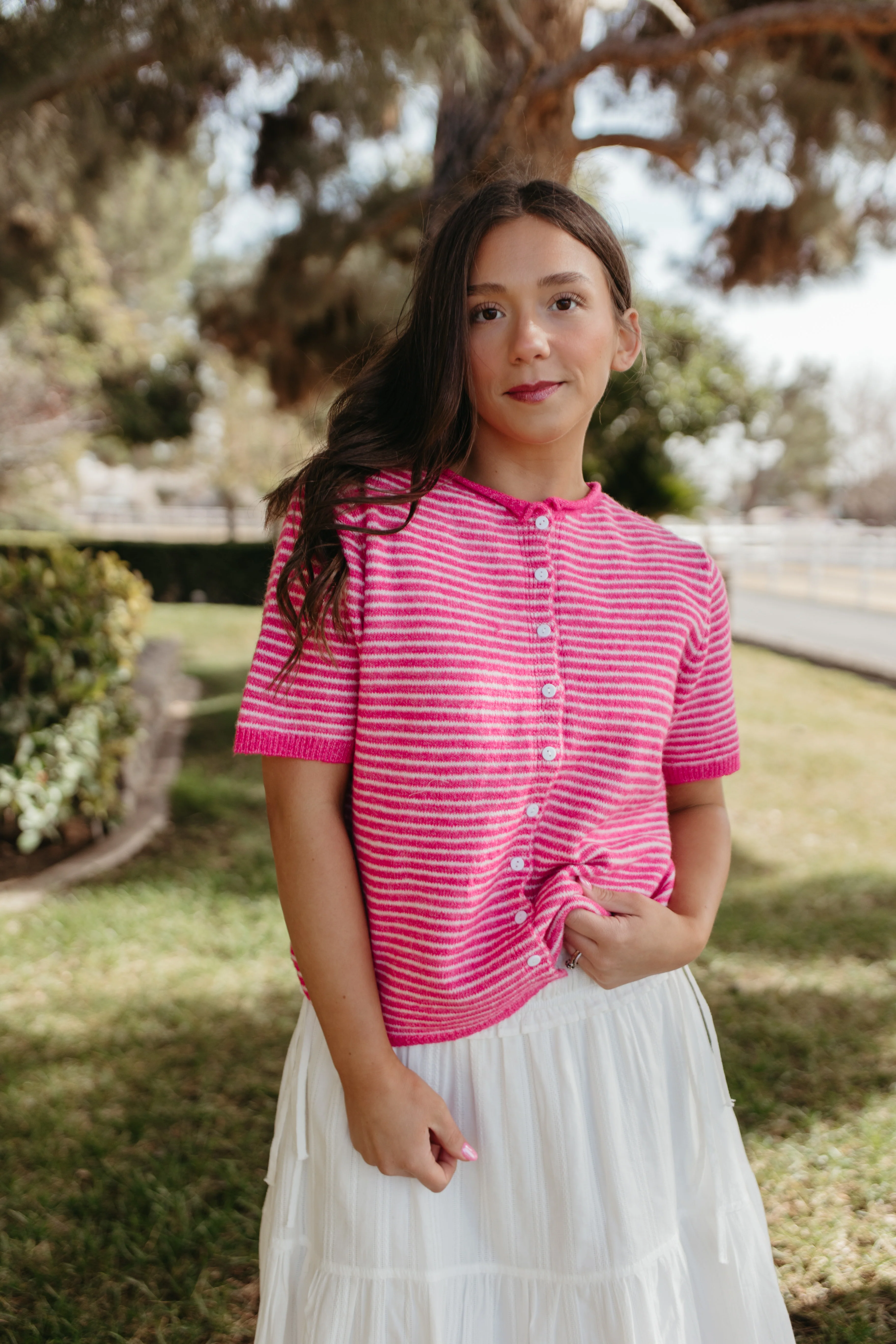 THE MCKAYLA SHORT SLEEVE STRIPED CARDIGAN IN HOT PINK - Payfeveri
