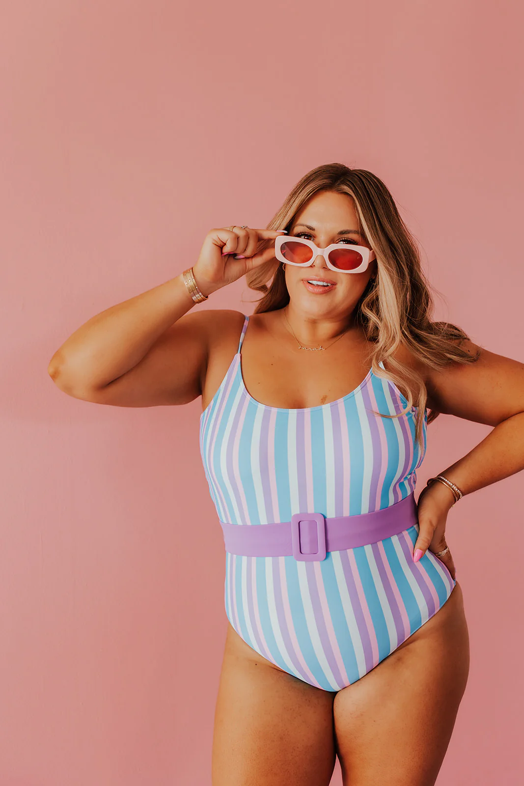 BELTED ONE PIECE IN COTTON CANDY STRIPE BY SARAH TRIPP X PINK DESERT - Payfeveri