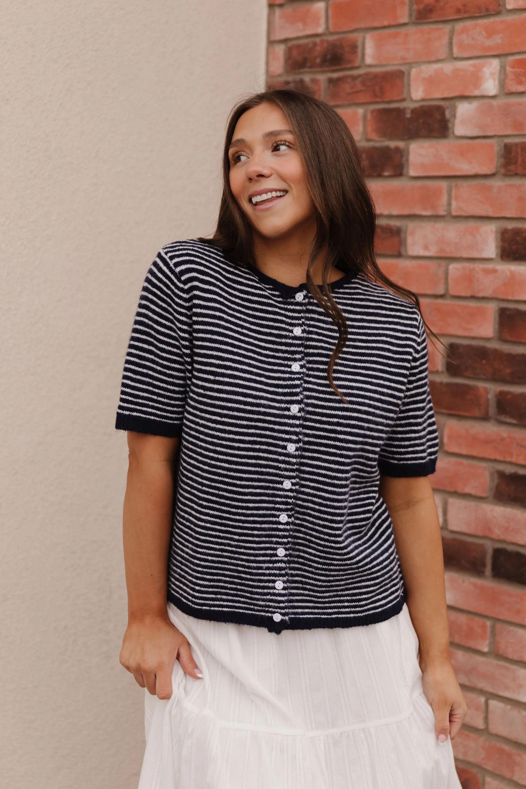 THE MCKAYLA SHORT SLEEVE STRIPED CARDIGAN IN NAVY - Payfeveri