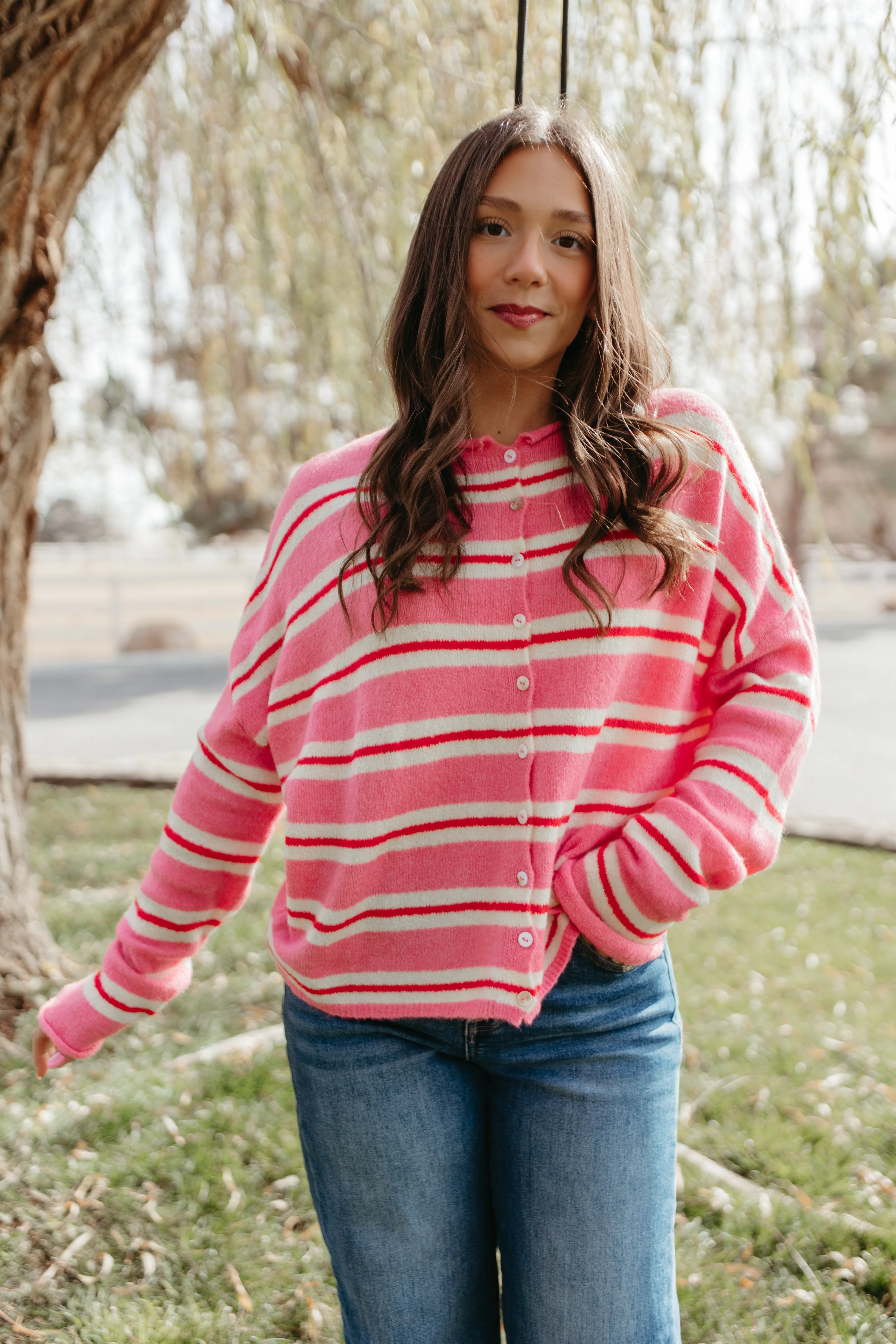 THE CAMPBELL CARDIGAN IN PINK VARSITY STRIPE - Payfeveri