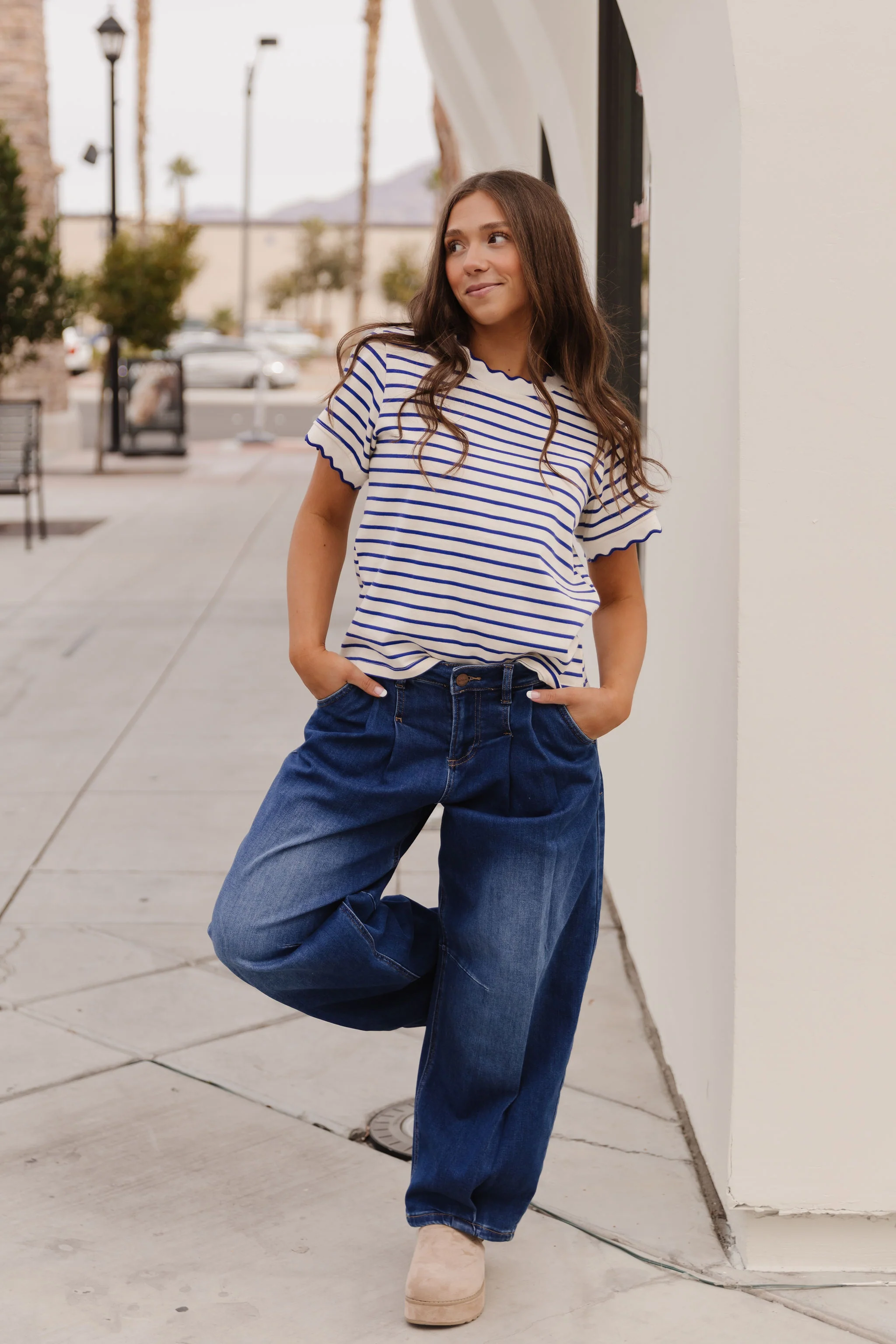 THE RORY SCALLOPED STRIPE TOP IN BLUE - Payfeveri
