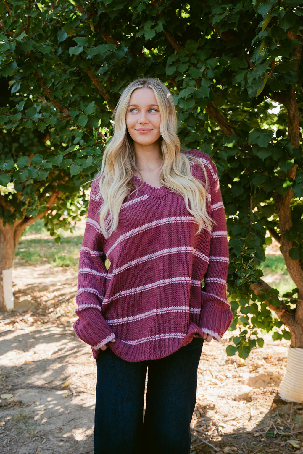 THE LEANN STRIPED SWEATER IN RASPBERRY - Payfeveri
