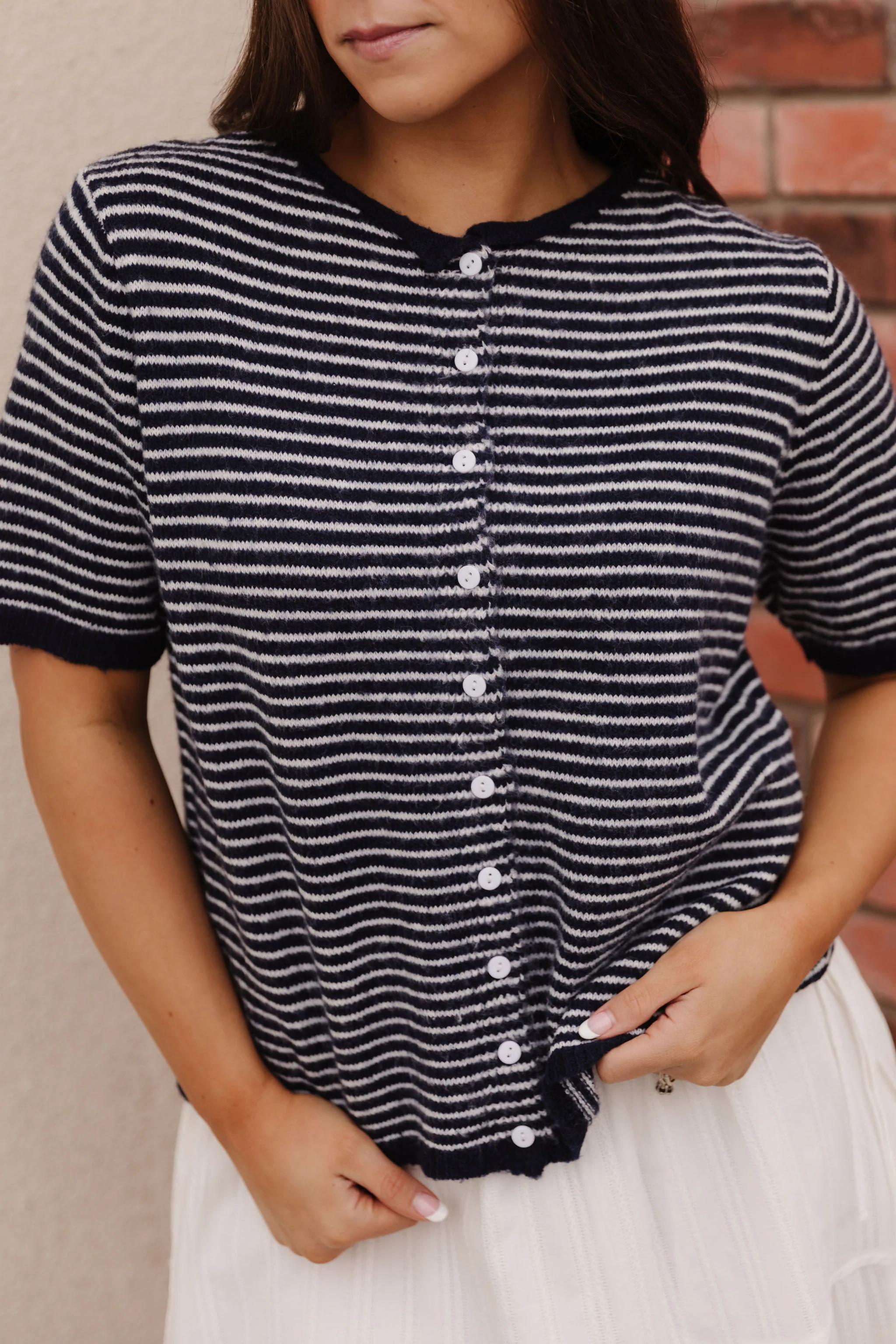 THE MCKAYLA SHORT SLEEVE STRIPED CARDIGAN IN NAVY - Payfeveri