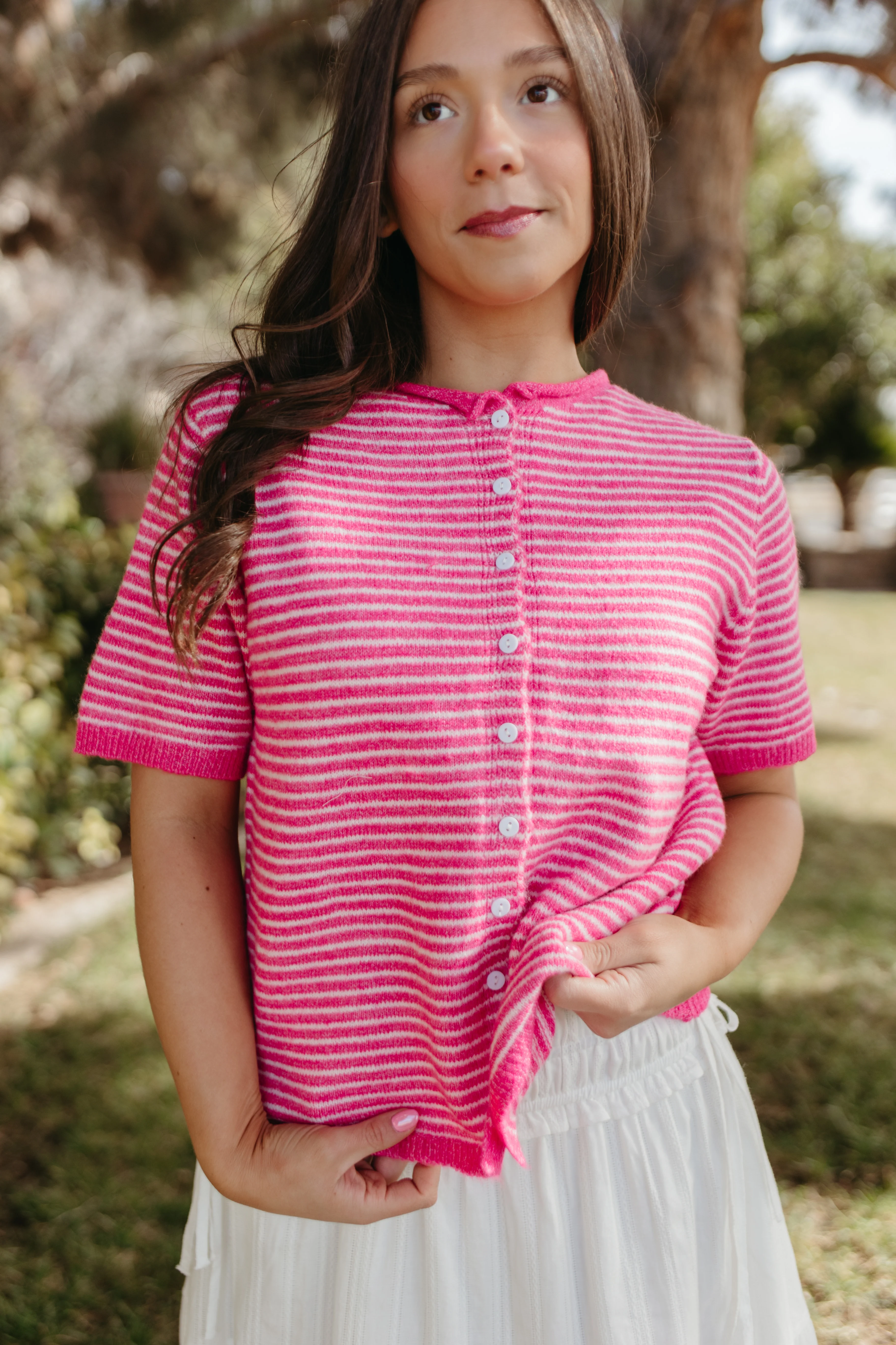 THE MCKAYLA SHORT SLEEVE STRIPED CARDIGAN IN HOT PINK - Payfeveri